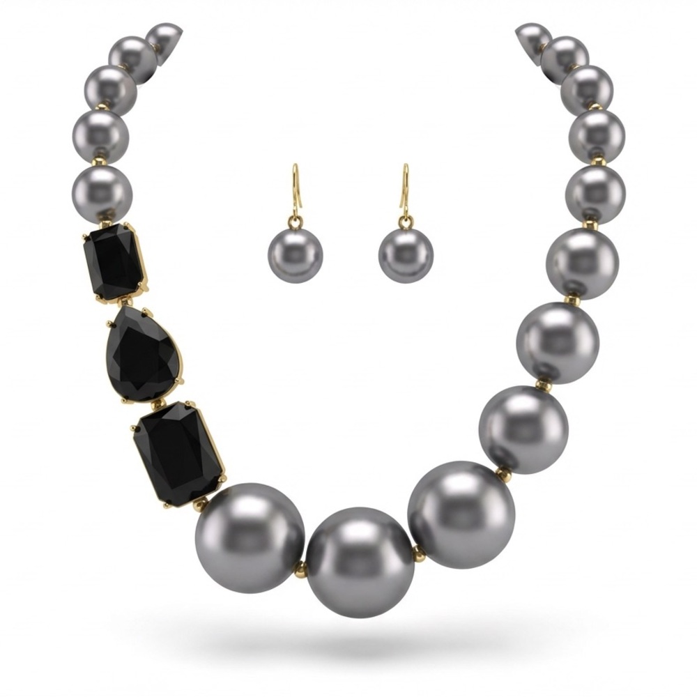 Gold-Tone w/Grey Pearl/Black Stone Statement Necklace